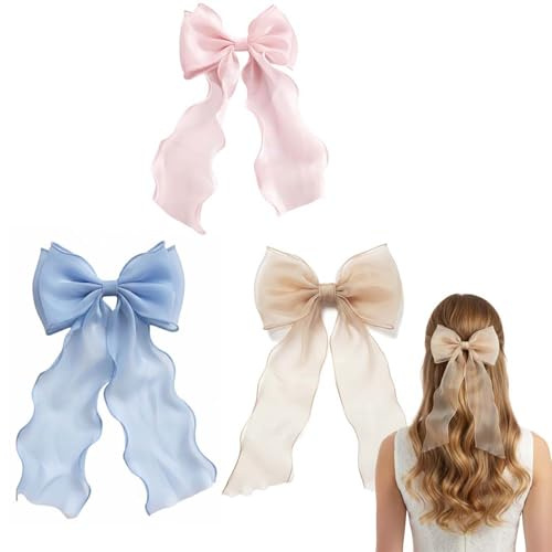 Large Hair Bow Clips Set in Pink Blue Champagne - Soft Fabric Long Ribbon Hair Accessories for Women Girls, Big Bows for School Party Wedding Styling and Special Occasions