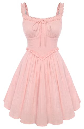 Scarlet Darkness Women Summer Corset Dresses Cotton Mini Sundress Ruffle Strap Dress Light Pink S