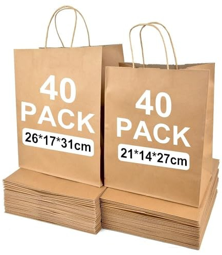 80 sacchetti di carta kraft con manico, 2 misure (21 x 14 x 27 cm, 40 pezzi + 26 x 17 x 31 cm, 40 pezzi), robusti sacchetti di carta per affari, vendita al dettaglio, shopping e regali di compleanno