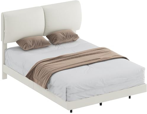 HOMCOM Cama Doble de 135x190 cm, Marco de Cama con Cabecero Acolchado, Efecto Flotante, Estructura Metálica, Lamas de Madera, Silencioso, Estilo Moderno, Beige