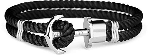 PAUL HEWITT Anker Armband PHREP - Segeltau Armband in Schwarz, Armband mit Anker Schmuck aus Edelstahl (Silber) in Größe XS