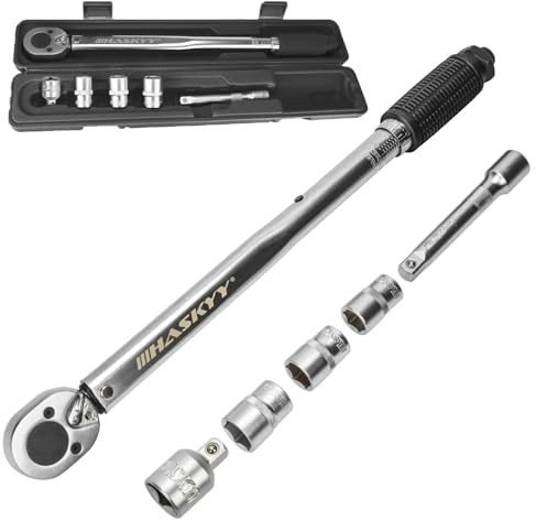 HASKYY Drehmomentschlüssel 28-210Nm 1/2 + 3/8 Adapter + 3 Stecknüsse 17-19-21mm I Radschrauben-Radmuttern-Schraubenschlüssel