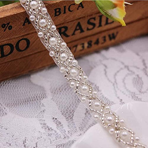FQTANJU Elegant Wedding White Rhinestone Applique with Pearls 2yards Crystal Beaded Applique Party and Other Formal Occasions.