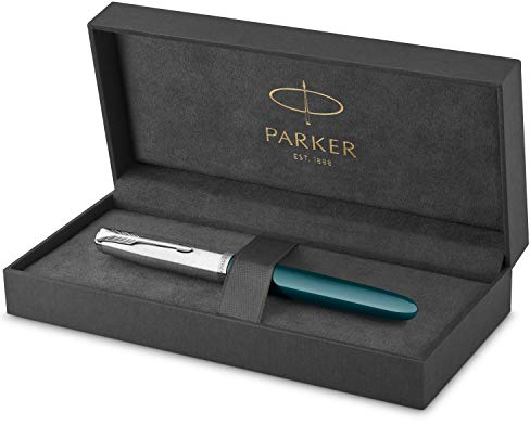 Parker 51 Fountain Pen | Teal Blue Barrel with Chrome Trim | Fine Nib with Black Ink Cartridge | Gift Box