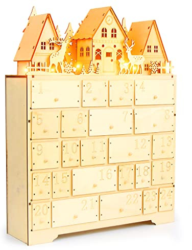 VEYLIN Large Xmas Wooden Advent Calendar with LED Lights 24 Storage Drawers for Kids Adults Christmas Decoration
