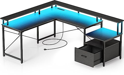 Rolanstar Computertisch L Form mit Steckdose & LED Streifen, 159 cm Schreibtisch mit Monitorständer & Schublade, Reversibler Gaming Tisch für Büro, Arbeitszimmer, Schlafzimmer, Schwarz