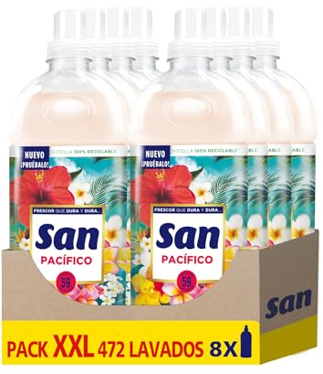 SAN | Suavizante Ropa Lavadora Líquido Concentrado | Fragancia Duradera Pacífico | Pack de 8 x 59 Lavados = 472 Dosis