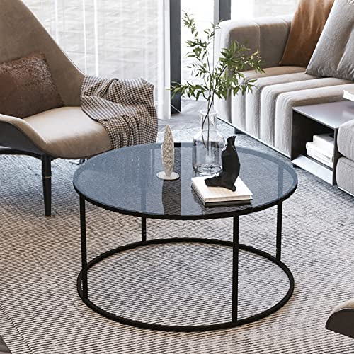 [en.casa] Mesa de Centro Kolari Mesa Auxiliar Redonda Soporte Estable Mueble de Salón Metal Vidrio Ahumado Transparente Templado Ø80 x 45 cm - Negro