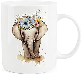 Purely Home Elephant Mug - Flower Crown Animal Gift/Present - Tea Coffee White Bone China Mug