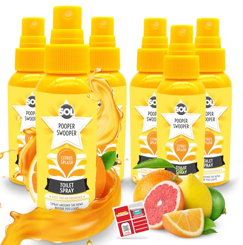 SOL 6pk x 60ml Pooper Swooper Toilet Spray Citrus Splash Fragrance 2,000+ Sprays Per Pack, Poop Air Freshener Refresher for Public Bathroom, Home,Travel-Friendly Cleaning Solution for Poo Odours