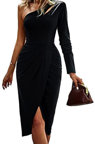 FDEETY Vestido de Mujer Sexy Elegante Un Hombro Manga Larga Vestido Lápiz Vestido de Boda Cóctel Fiesta (Negro,S)