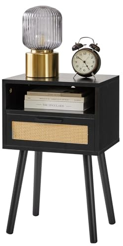 IBUYKE Rattan Nightstand, Boho Side Table with Drawer Open Shelf, Wood Accent Bedside Table, End Table with Legs for Bedroom, Living Room and Small Spaces, Black WNS009B