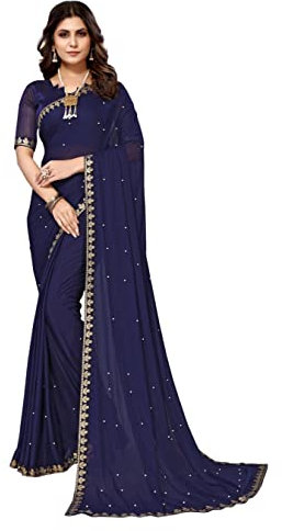 Aashita Creations Damen-Sari aus Lycra-Mischgewebe, marineblau, One size