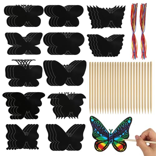 48 Stück Kratzbilder Schmetterling, 12 Styles Kratzpapier für Kinder, Regenbogen Scratch Paper, Schmetterlinge Scratch Painting mit Band Bambusstift für DIY Basteln Kindergeburtstag Party Mitgebsel
