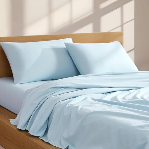 Queen Size Sky Blue 100% Cotton Flannel Sheet Set, Brushed Cotton Finish,Ultra Cozy & Soft Flannel Bedding Set, Fits Up to 14 Deep Pocket, Easy Care,Oeko-Tex Certified by Linen Closet
