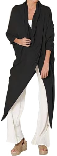 KonJim Top avvolgente da donna in lino casual arrotolabile a maniche lunghe camicette con collo ad anello asimmetrico caftano oversize orlo immerso top da donna caftano italiano leggero camicie lunghe