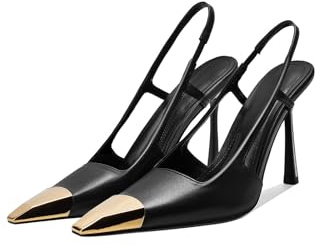 Vertundy Slingback Heels for Women Metal Pointed Toe Stiletto High Heel Pumps Slip On Shoes Geometric Heel, Black, 7 UK