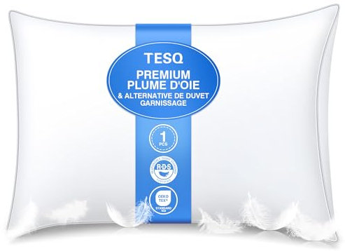 TESQ Almohada de Plumas de Lujo 50 x 70 cm con Triple Capa de Confort, cojín de Pluma, Relleno Suave 100% Suave, Lavable y Respetuoso