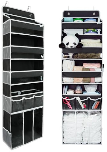 Door Hanging Storage Organizer,with 3 Bins 1 Movable Baby Diaper Caddy,1 Large capacity diaper stacking storage Organizer,10 Side Pockets ,Bedroom Door Storage for Nursery Baby Essentials. (Dark grey)