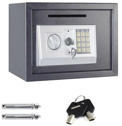 Coffre-fort 16 l avec serrure à combinaison et 2 clés - Coffre-fort à monnaie ignifuge - Petit coffre-fort en acier électronique pour la maison, le bureau, l'école, l'hôtel - 35 x 25 x 25 cm - Gris