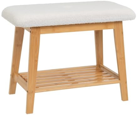 LOLAhome Banqueta Zapatero Nordic 1 Estante de bambú Natural y Tela de Borreguito de 60 cm