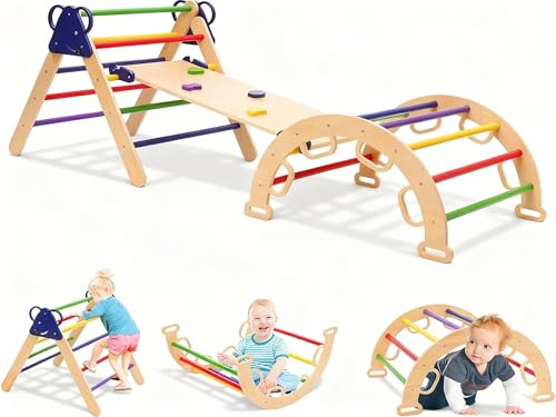 Wooden Climbing Frame Set for Toddlers,Foldable Pikler Triangle Climber Indoor,Baby Climbing Toys with Ramp and Arch,Montessori Playground Jungle Gym,Outdoor Play Equipment for 2-6 Years Old Kids