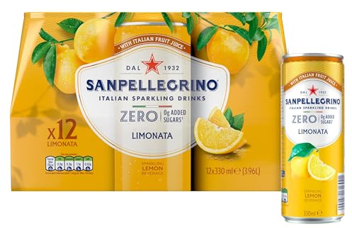 San Pellegrino Italian Sparkling Drinks Zero Sparkling Lemon Canned Soft Drink 12 x 330ml | 21kCals per can