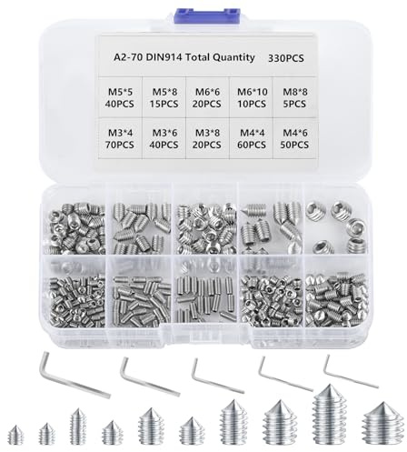 330 Pcs Cone Cup Point Grub Screws, M3/M4/M5/M6/M8 Hex Head Socket Screws Set Assorted, Mixed Stainless Steel Metric Threads with Internal Hex Drive for Door Handles, with 5 Pcs Allen Key