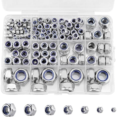 Vmuter 191 Pack M3 M4 M5 M6 M8 M10 M12 Lock Nuts, 304 (A2-70) Stainless Steel Nylon Insert Locknuts,Standard Inch Thread Nylock Nuts