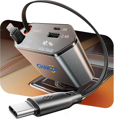 Chakoos Retractable Car Charger, 120W Super Fast Car Phone Charger, 4 in 1 Car Adapter with Retractable Cables, USB Type C Ports 12V USB car charger Adapter Compatible with iPhone, Android