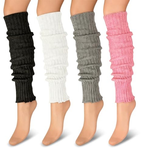 4 Paar Winter Stulpen Damen 40cm, Gestrickte Leg Warmers, Beinstulpen, Stulpen Für Damen, Beinwärmer, Legwarmers, Für Ballett, Tanz, Yoga, Alltag, Geschenke Für Frauen (Weiß/Schwarz/Grau/Rosa)