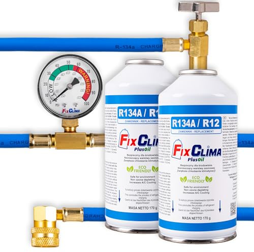 FixClima Luftkonditionering Bil Påfyllningssats R134a R12 Ersättning – 2x Kylmedel Gas (2x 170g) & Fyllslang med Manometer – för Fordon 1994-2016 – Inkluderar Olja & Tätningsmedel – DIY Klimatservice