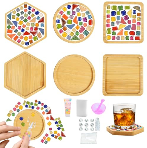 Kuvarix Kit Mosaïque DIY Dessous de Verre, Set 3 Dessous de Verre en Bois avec Carreaux de Verre Colorés, Kit Créatif Mosaïque pour Adultes et Enfants, Décoration Maison et Cadeau Fait Main