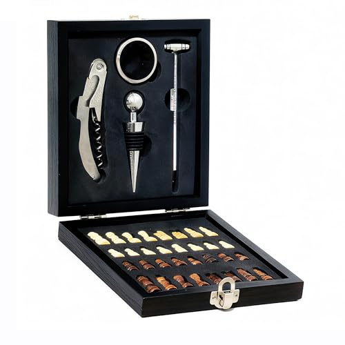 Abridor de vino profesional con termómetro de vino, tapón de botella, anillo antigoteo y juego de ajedrez, caja de regalo de madera