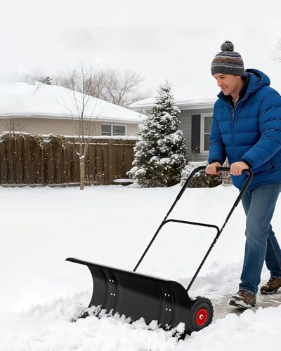 Garvee Pelle à Neige Robuste 29 Pouces avec Roues antidérapantes, Lame inclinée et Manche réglable 5 hauteurs – Acier de qualité – Parfait pour allées, trottoirs, Jardins, Usage résidentiel et