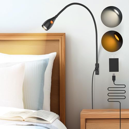 Obeaming Wall Mounted Reading Light, Minimalist Headboard Mount Book Light, Dimmable LED with Lamp Head Switch Reading Lamp, USB-C Powered, CRI 95+ (4000K + Amber Nightlight) (Black)