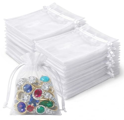 100 Pcs White Organza Bags with Drawstring, 7×9 cm Small Organza Gift Bags, Mesh Jewellery Pouches Candy Bags for Wedding Favours, Christmas, Birthday, Holiday & Party Supplies