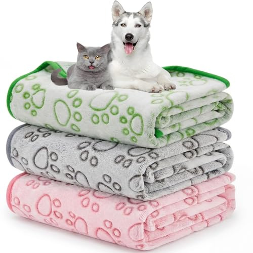 DFZR Dog Blanket 3 Pack Large (104 x 76 cm), Soft Fluffy Fleece Pet Blankets for Dogs & Cats, Paw Print Flannel Throws, Washable Warm, Mixed Colours (Green, Pink & Grey)