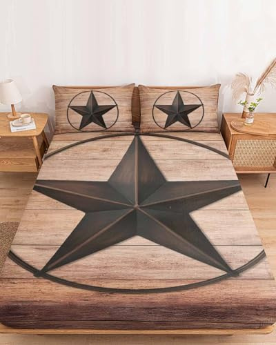 King Fitted Bed Sheets Western Theme Texas Star Brushed Fitted Sheet with Deep Pocket, Soft Microfiber Breathable Bottom Sheet with Pillowcases, Brown Wood Grain Bedding Sheets