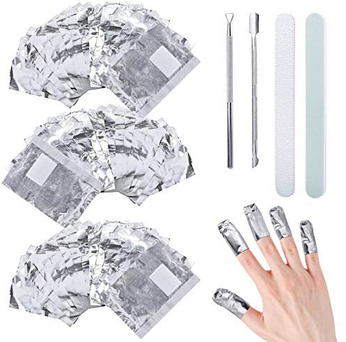 100pcs Feuille aluminium Dissolvant, Vernis Semi Permanent Ultra-Minces pour Retirer Vernis à ongles, Paquet Papillotes Ongles avec Bande de Lime & Poussoir Cuticules