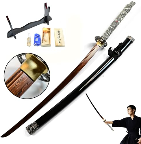 Swords and more Highlander - Duncan MacLeod Katana - handgeschmiedet & gefaltet, Set - Blutdamast Edition, Drachenkopf Samurai Schwerter scharf echt mit Schwertpflegeset, Damaszenerstahl