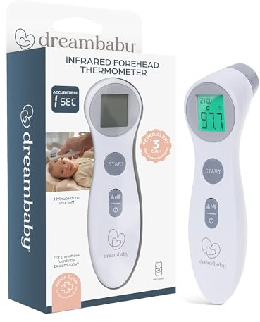 Dreambaby Infrared Forehead Thermometer, No Contact, Digital Display, Memory Storage and Fever Alerts, for Adults and Kids, Includes Batteries