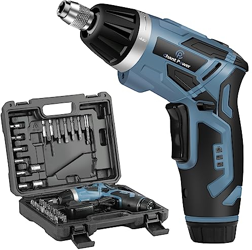 C P CHANTPOWER Cordless Electric Screwdriver Set, 6 +1 Torque Setting Rechargeable 4V Small Screwdriver with 11 Accessories, Flashlight and Charger Blue