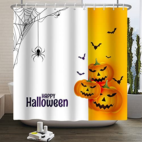 SDOTPMT 140x183cm Zucca Emoticon Tenda doccia Felice Halloween Spaventoso Tema Bianco Arancia Sfondo Tenda da bagno Pipistrello Ragno Magia Tende da doccia per Bagno Tessuto Poliestere con ganci