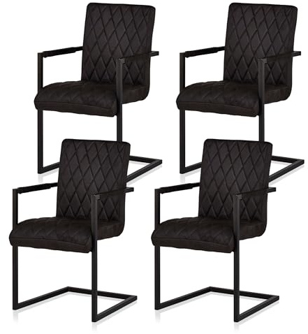 KHG 4er Set Esszimmerstühle mit Armlehnen Mikrofaser schwarz - Freischwinger Wildleder Optik bis 110 kg - Küchenstuhl, Schwingstuhl, Polsterstuhl mit Schaumstofffüllung und Wellenfederung