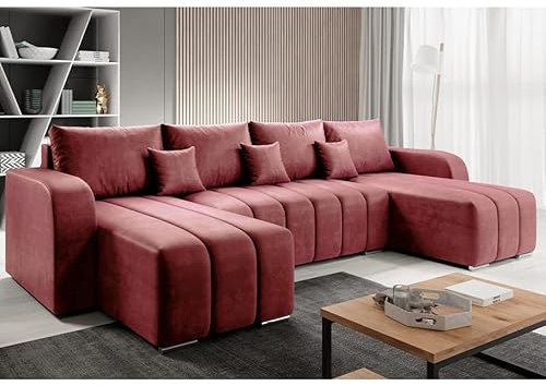 MODERNO Pufetto U-förmiges Ecksofa mit Schlaffunktion Bettzeugbehälter, Eckcouch Schlafsofa Wohnzimmer Schlafzimmer, Möbel Sofas & Couches, Sofa Schlafcouch Couch Velours Rosa 86x320x147cm