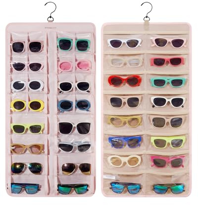 BAGSMART Hanging Jewelry Organizer, Dust Proof Sunglasses Storage Case Wall Mounted, Travel Dual Sided Glasses Case Multiple Pairs, Eyeglasses Holder with 32 Clear Slots & Metal Hook, Pink