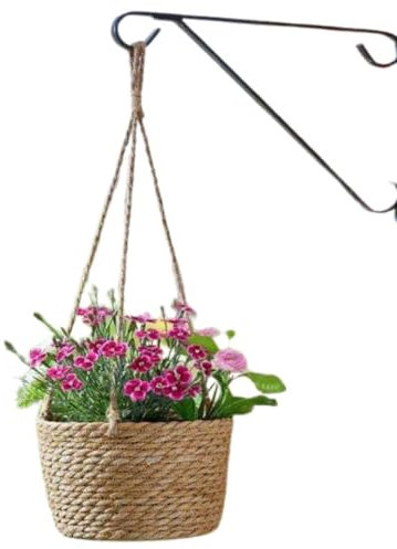 Garden Mile Garden Hanging Flower Basket 9'' Jute Plant Holder Outdoor Plant Pot Planter with Hanging Rope Small Flower Pot Basket Pre-Lined for Easy Planting