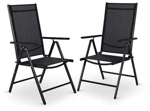 Gartenstuhl 2er-Set, Hochlehner, 7-fach verstellbar, wetterfester Garten-Klappstuhl, witterungsbeständiges Alu & Textilen, zusammenklappbare Gartenmöbel für Terrasse & Balkon, Schwarz/Schwarz, Noah