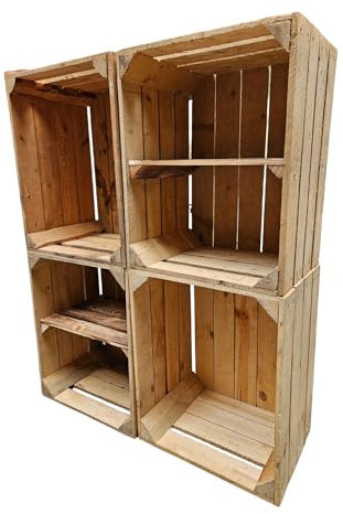 teramico Lot de 4 caisses en Bois d'occasion Vintage - Caisses à Fruits/vin d'origine de la Culture fruitière avec Compartiment de Rangement - 50 x 40 x 30 cm - Lot de 4-2 étagères Courtes